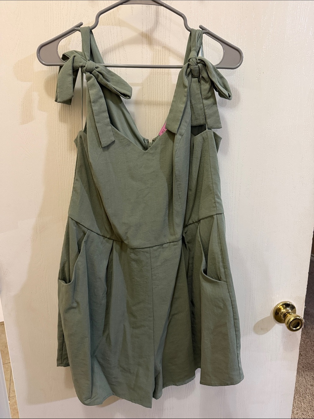miami Olive Green Tie-Strap Romper with Pockets